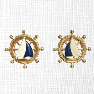 Vintage Avon Ship Ahoy Earrings Gold Tone Sailboat Enamel Nautical Pierced